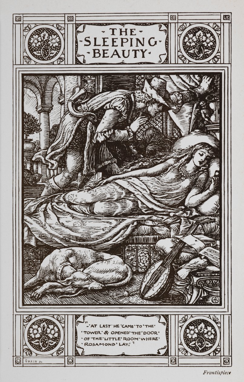 Šípková Růženka spí obklopená spícím psem a hudebním nástrojem, zatímco na ni dohlíží princ Charming. od Walter Crane