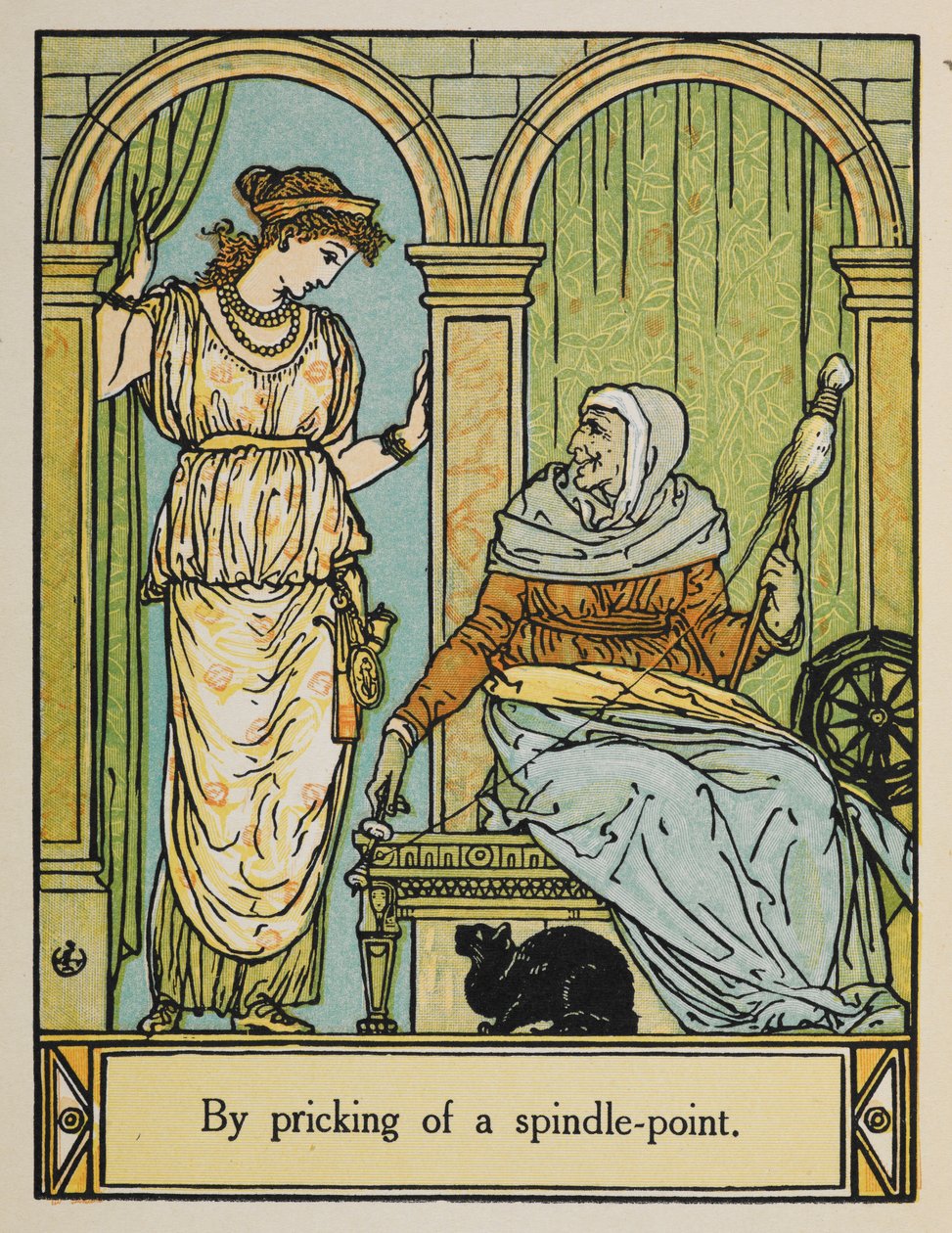 Šípková Růženka stojí vedle staré ženy s kolovratem a nití. Dole sedí černá kočka. od Walter Crane