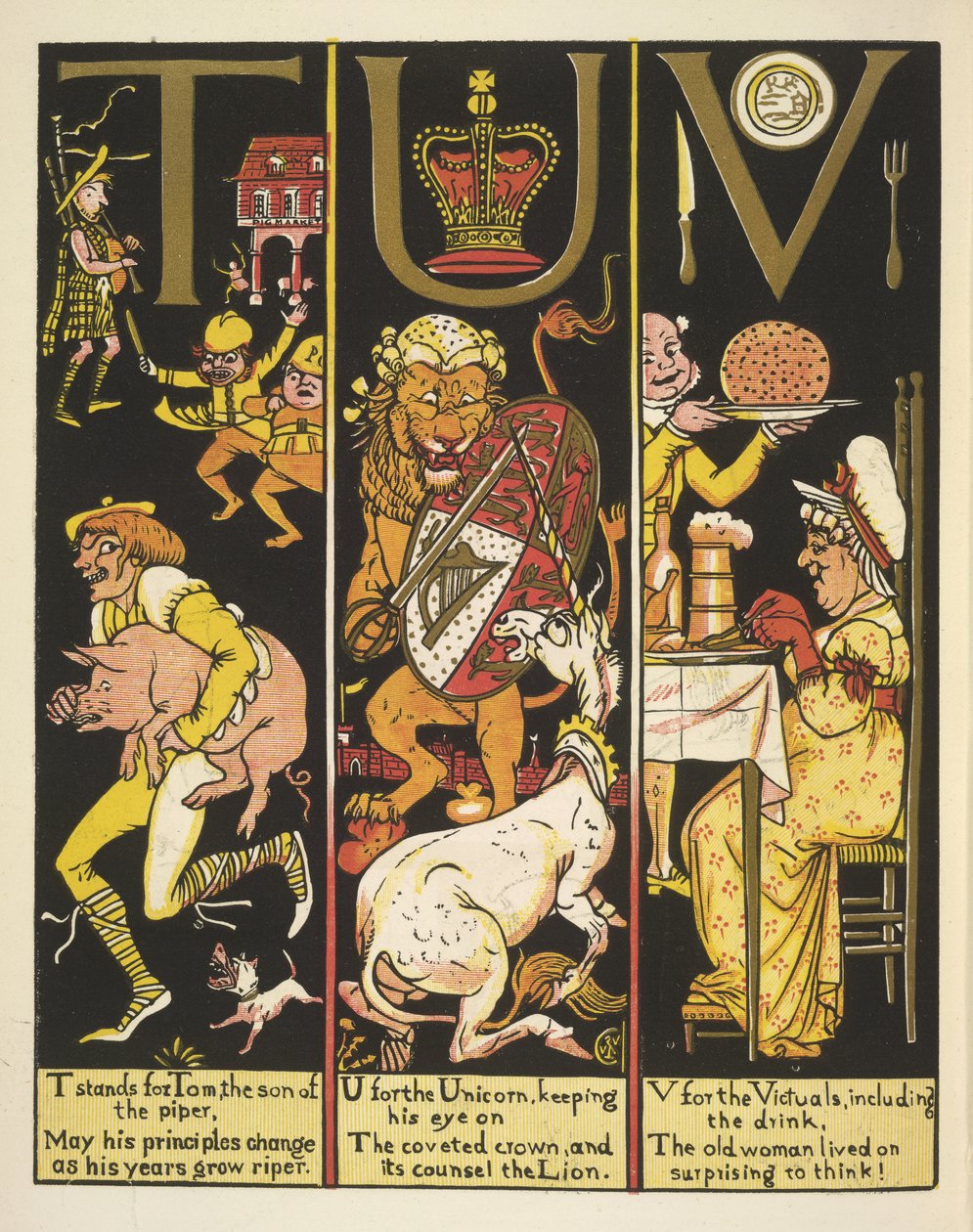 TUV-T znamená Toma, syna pipiera; U pro jednorožce; a V pro potraviny od Walter Crane