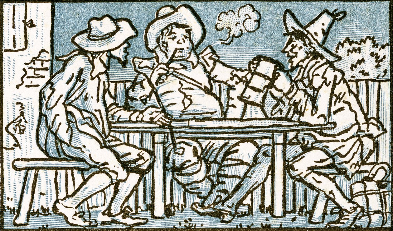 The Happy Poor, ilustrace písně "Who Liveth So Merry in all this Land", z knihy "Pan-Pipes", A Book of Old Songs, Newly Arranged and with Accompaniments by Theo. Marzials, vydáno v Londýně nakladatelstvím G od Walter Crane