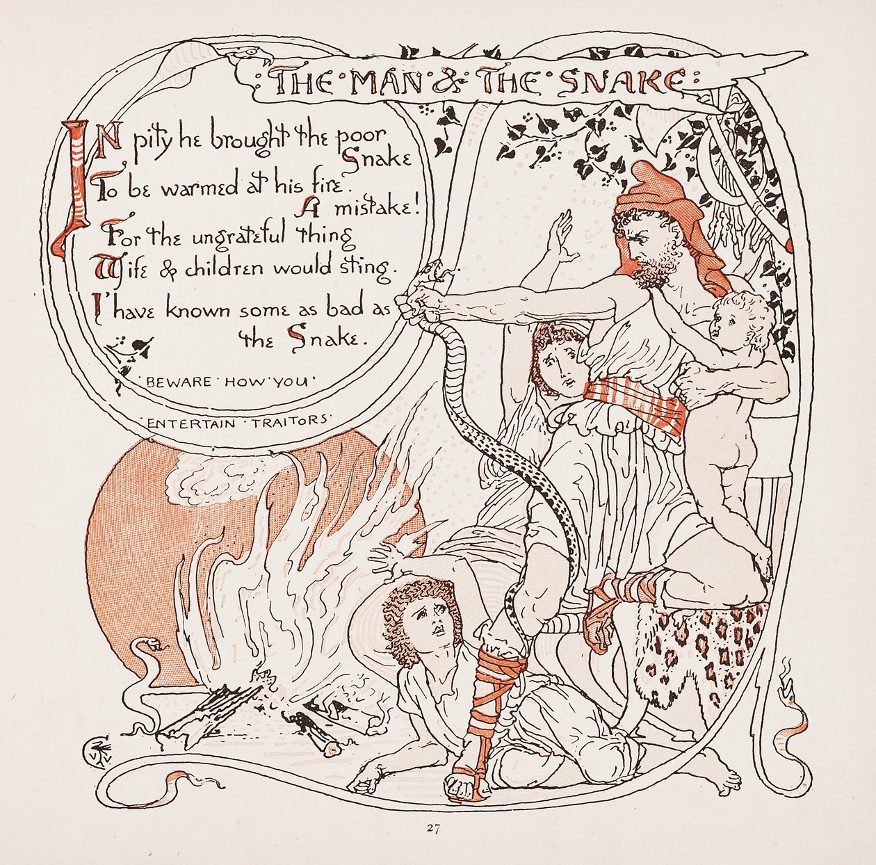 The Man & The Snake, ilustrace z Aesops Fables, hospoda. 1887 od Walter Crane