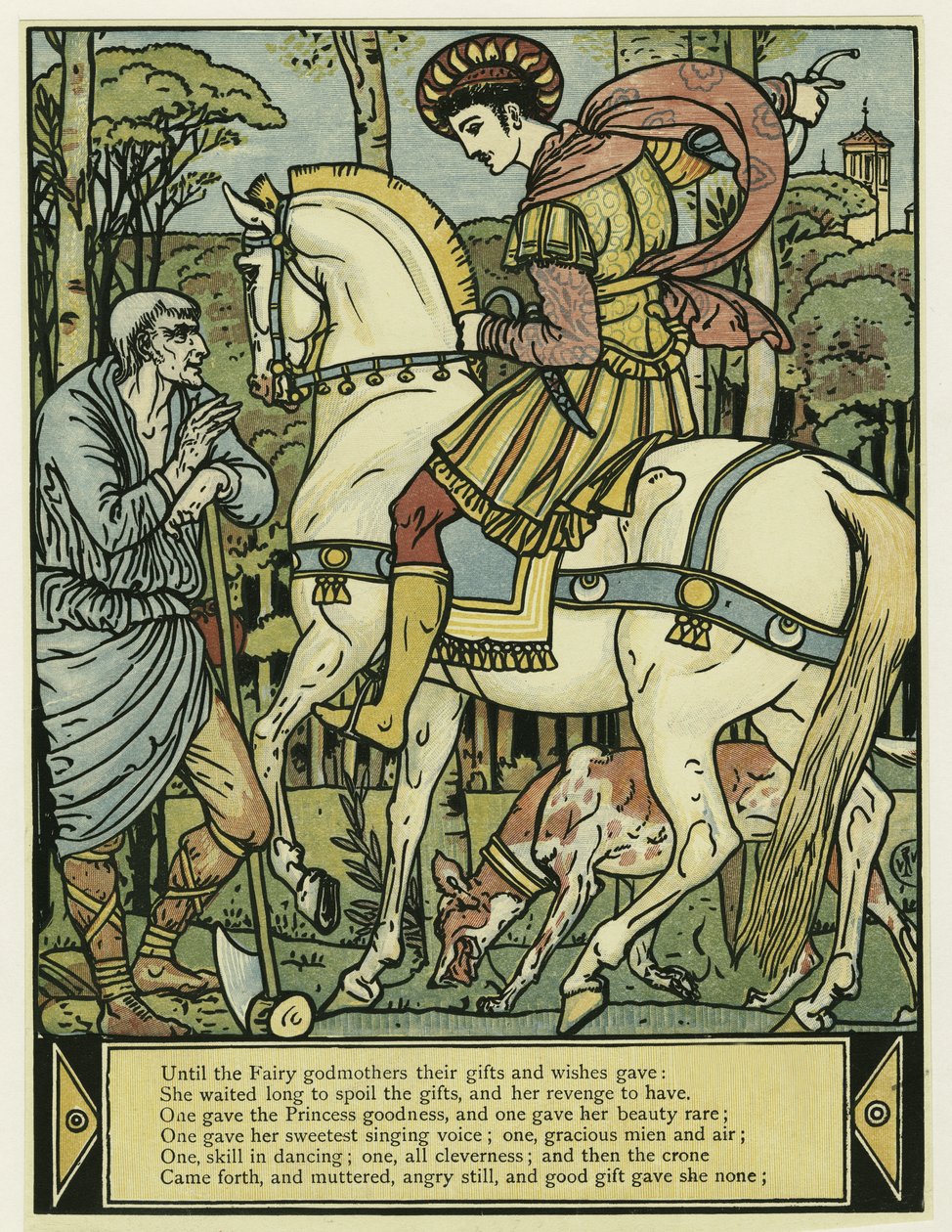 Princ se ptá na cestu v hospodě The Blue Beard Picture Book. 1879 (barevné lito) od Walter Crane