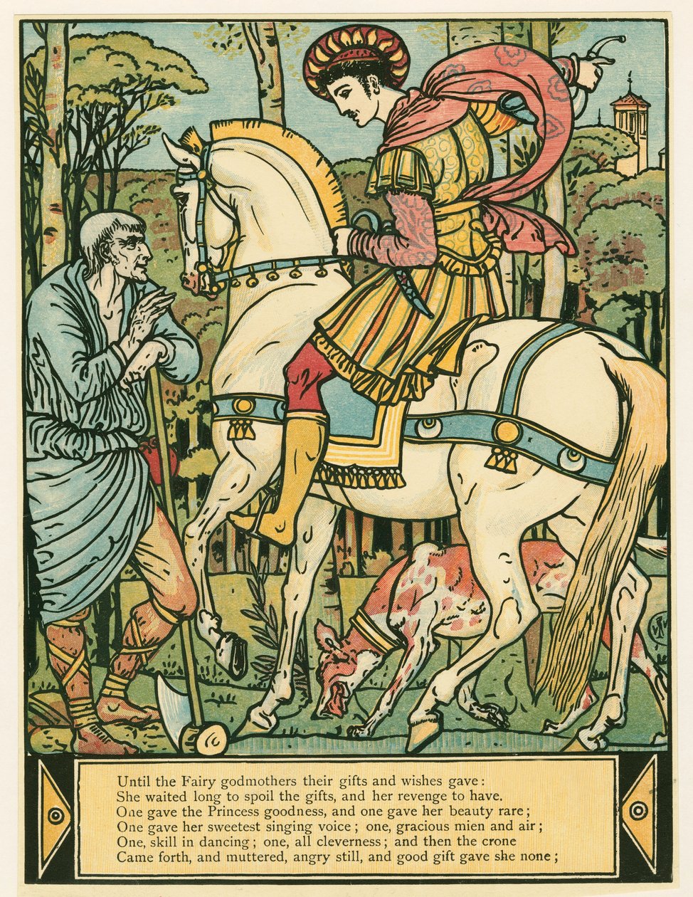 Princ se ptá na cestu v hospodě The Blue Beard Picture Book. 1879 barevná litografie, 1879. od Walter Crane