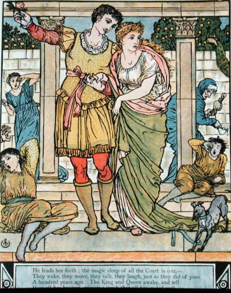 Princ zachraňuje princeznu, ilustrace k filmu "Šípková Růženka" od Charlese Perraulta (1628-1703) (barevná rytina) od Walter Crane