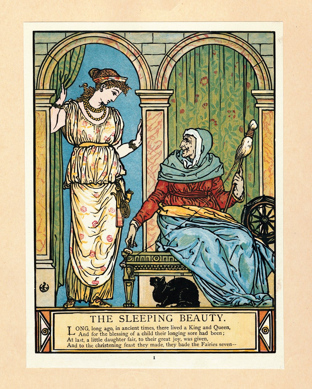 Princezna se učí točit, z The Blue Beard Picture Book, hospoda. 1879 barevná litografie, 1879. od Walter Crane