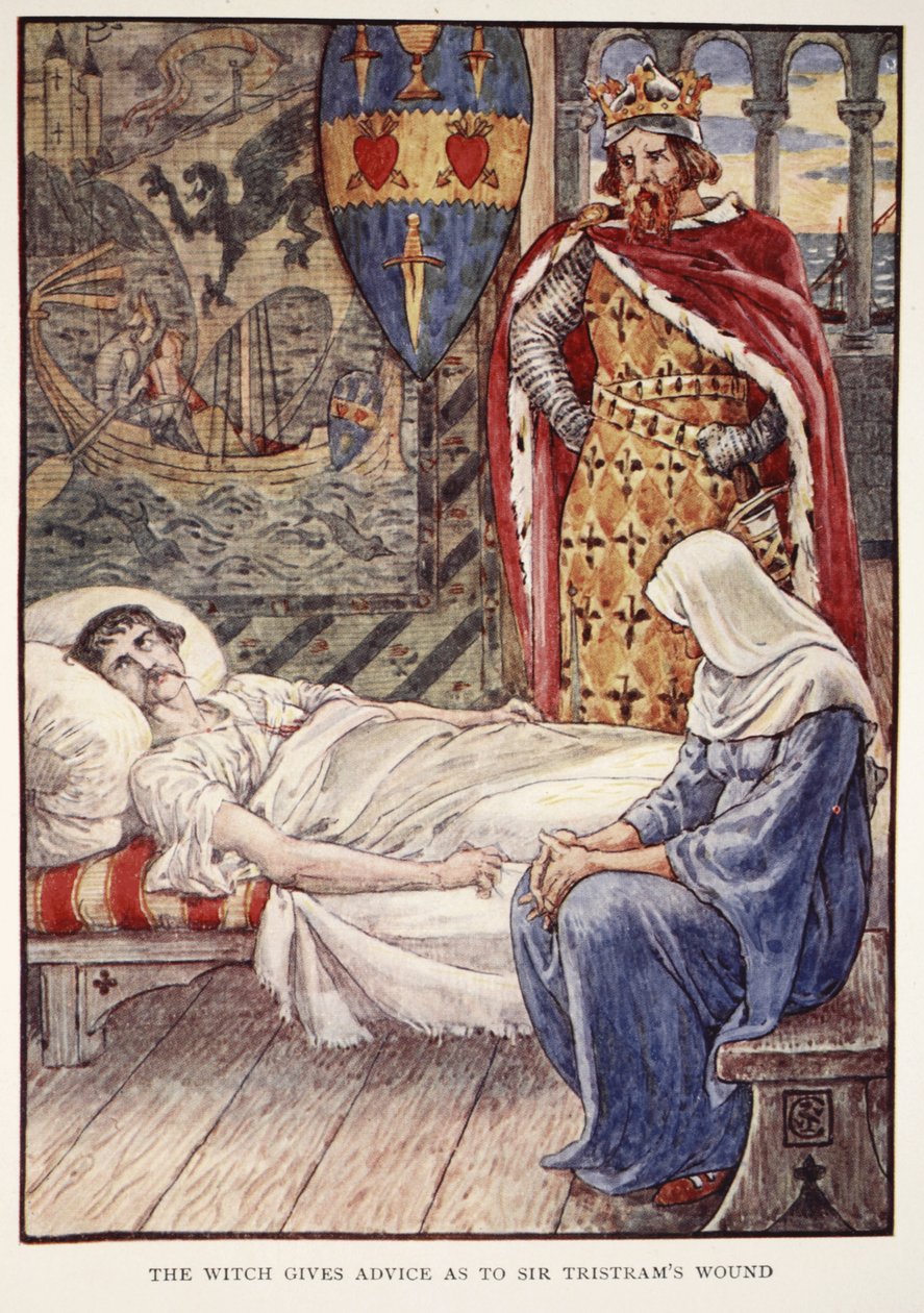 Čarodějnice dává rady ohledně zranění sira Tristrama z „Příběhů rytířů kulatého stolu“ od Henryho Gilberta, první vydání, 1911 od Walter Crane