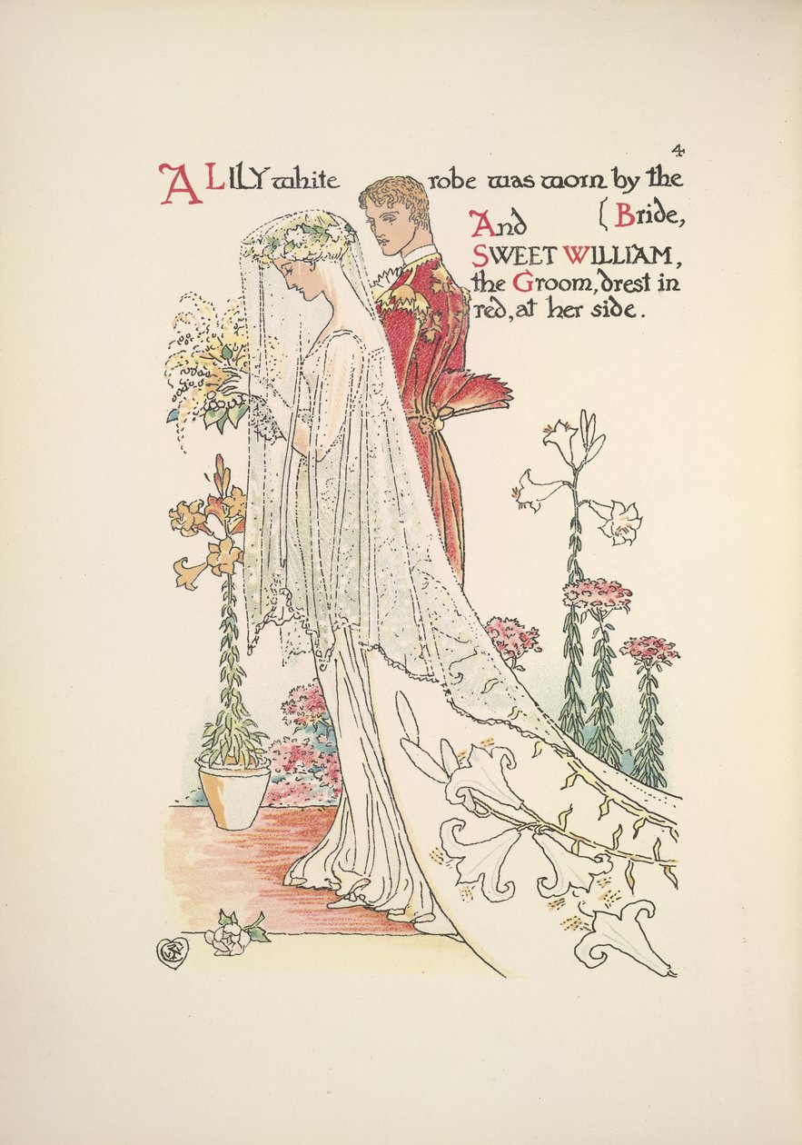Nevěsta a ženich. Liliově bílé roucho, které nosila nevěsta, a sladký ženich William, oblečený v červeném od Walter Crane