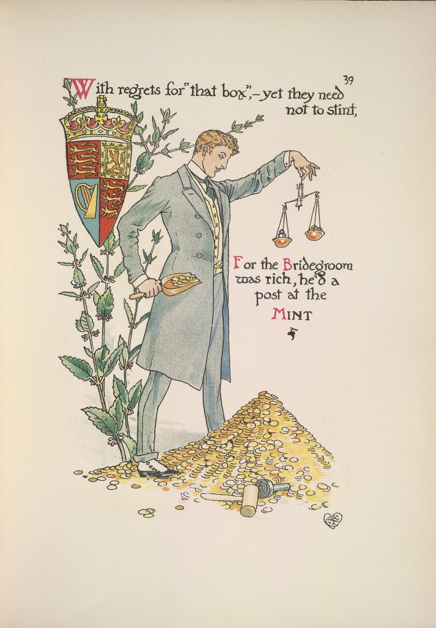 Ženich drží váhy měřící jeho bohatství od Walter Crane