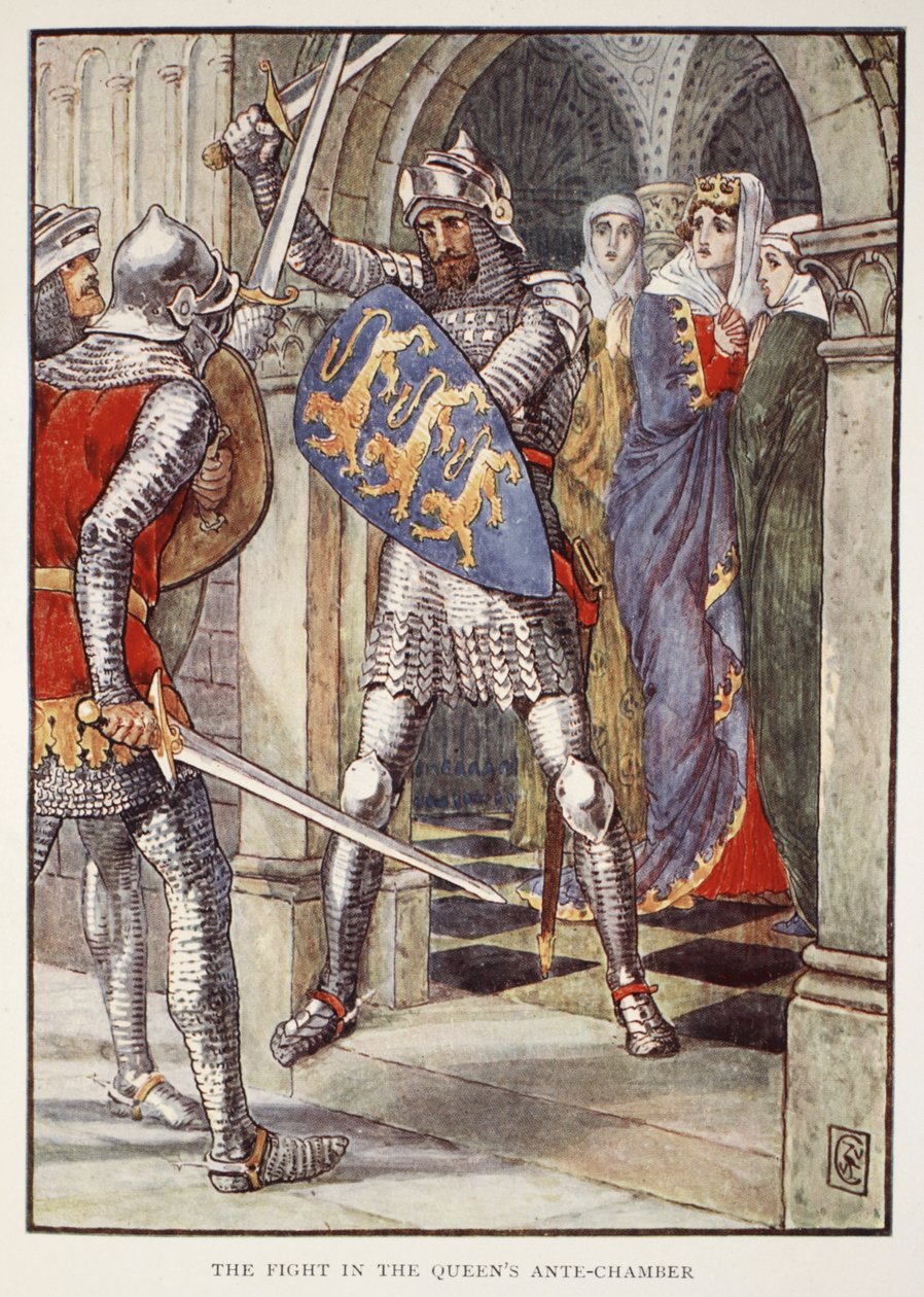 Boj v královnině předsíni, z „Příběhů rytířů kulatého stolu“ od Henryho Gilberta, první vydání, 1911 od Walter Crane
