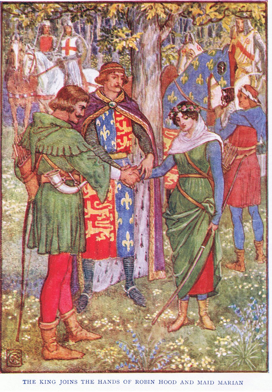 Král se připojí k rukou Robina Hooda a služebné Marian, kolem roku 1920 od Walter Crane