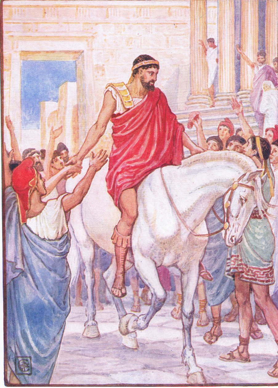 Dav ho pozdravil hlasitými aklamacemi, ilustrace z Příběhu Řecka, 30. léta od Walter Crane