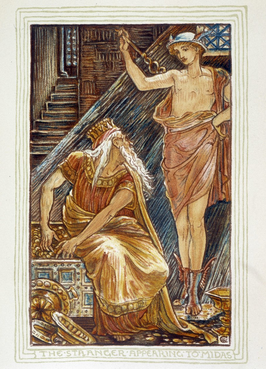 Cizinec se zjevuje Midasovi (Hermes apparait devant Midas) – v knize „“ Zázračná kniha pro dívky a chlapce: hloh“ od Waltera Cranea od Walter Crane