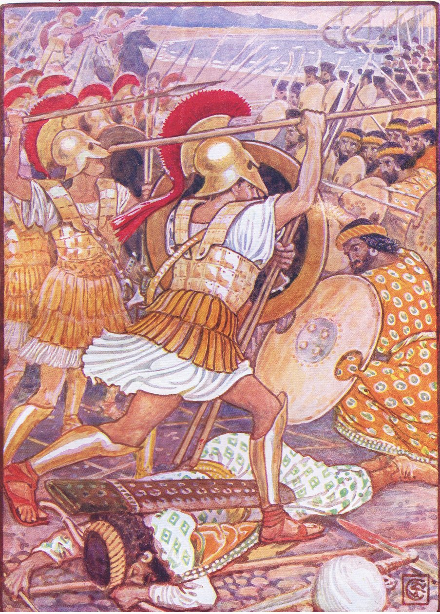 Obrovskou silou narazili do perské armády, ilustrace z Příběhu Řecka, 30. léta od Walter Crane