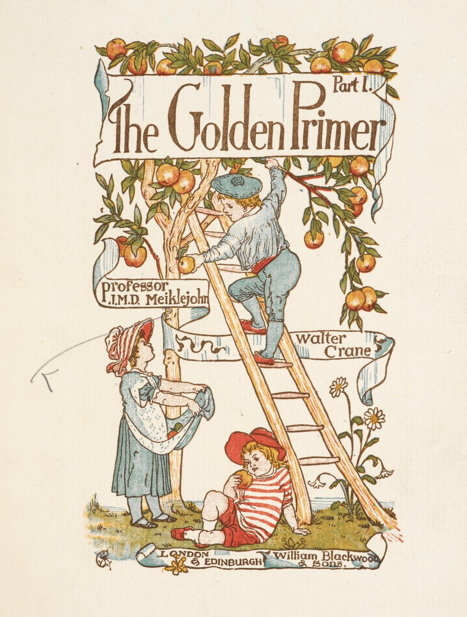 Titulní strana pro Golden primer. Dítě je na žebříku a trhá jablka ze stromu. od Walter Crane