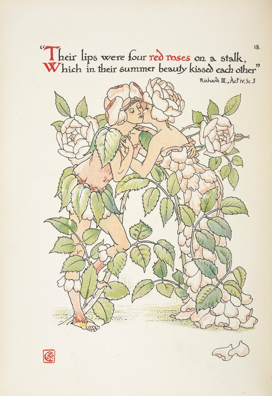 Dvě líbající se postavy oblečené jako růže od Walter Crane