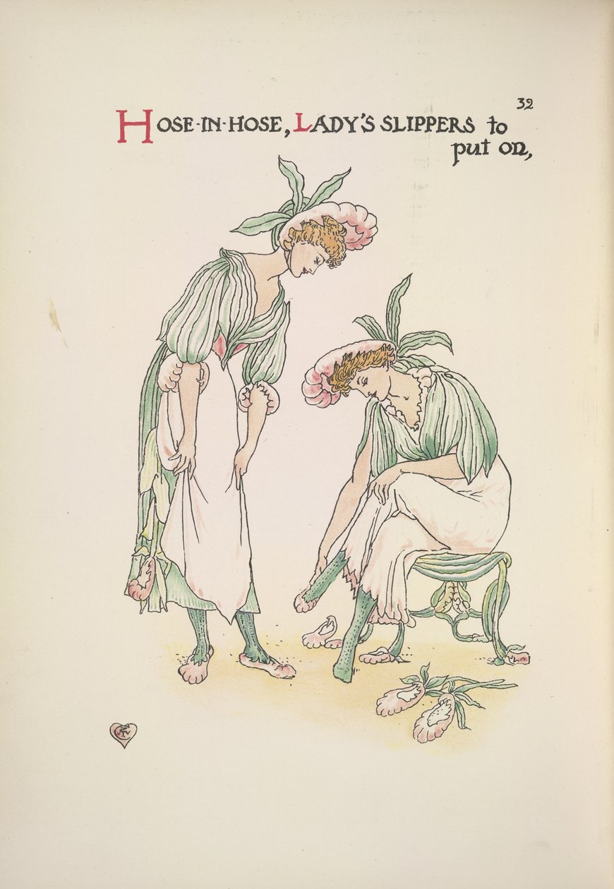Dvě dámy si nazouvají pantofle od Walter Crane