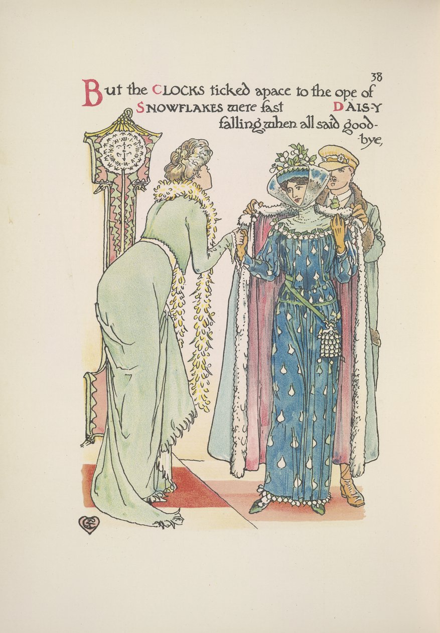 Svatební hosté odcházejí. Dáma, která se rozloučí; Muž, který jí pomáhá s kabátem od Walter Crane