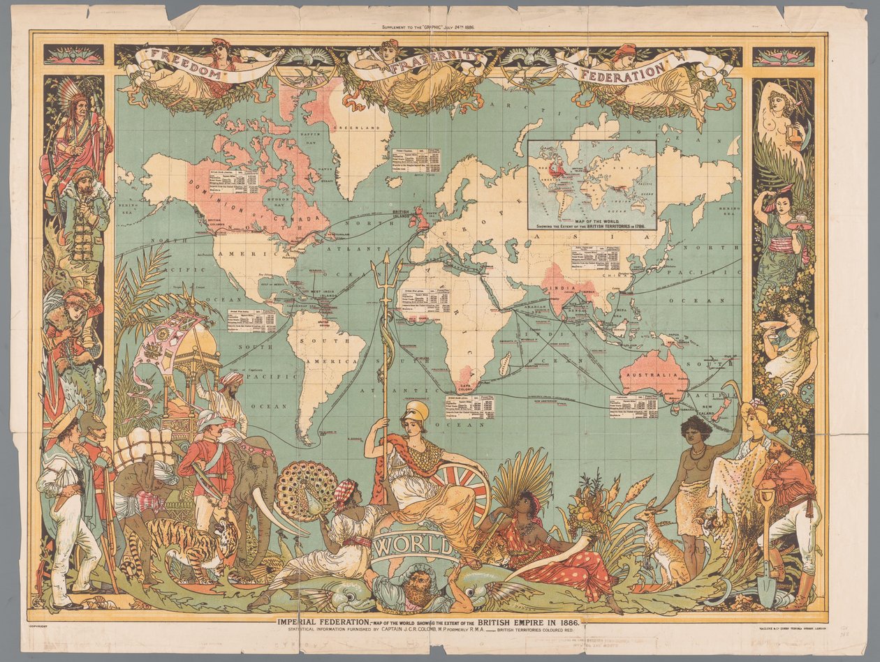 Mapa světa zobrazující koloniální britské impérium, 1886 Imperial Federation, mapa světa ukazující rozsah Britského impéria v roce 1886 (název na objektu) od Walter Crane