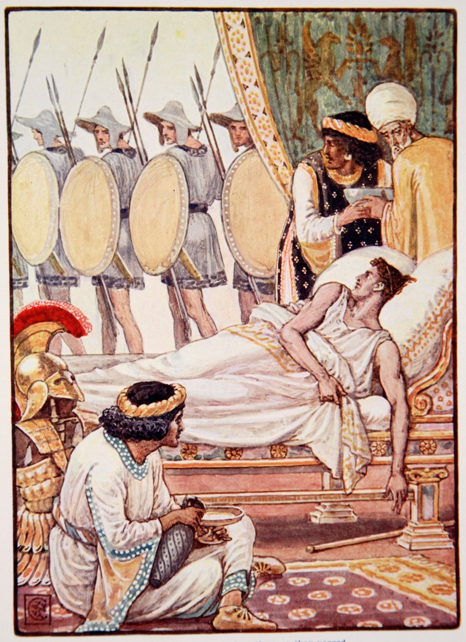 S námahou si je prohlížel, když míjeli, ilustrace z „Příběhu Řecka“ od Mary Macgregor, 1. vydání, 1913 (barevný tisk) od Walter Crane