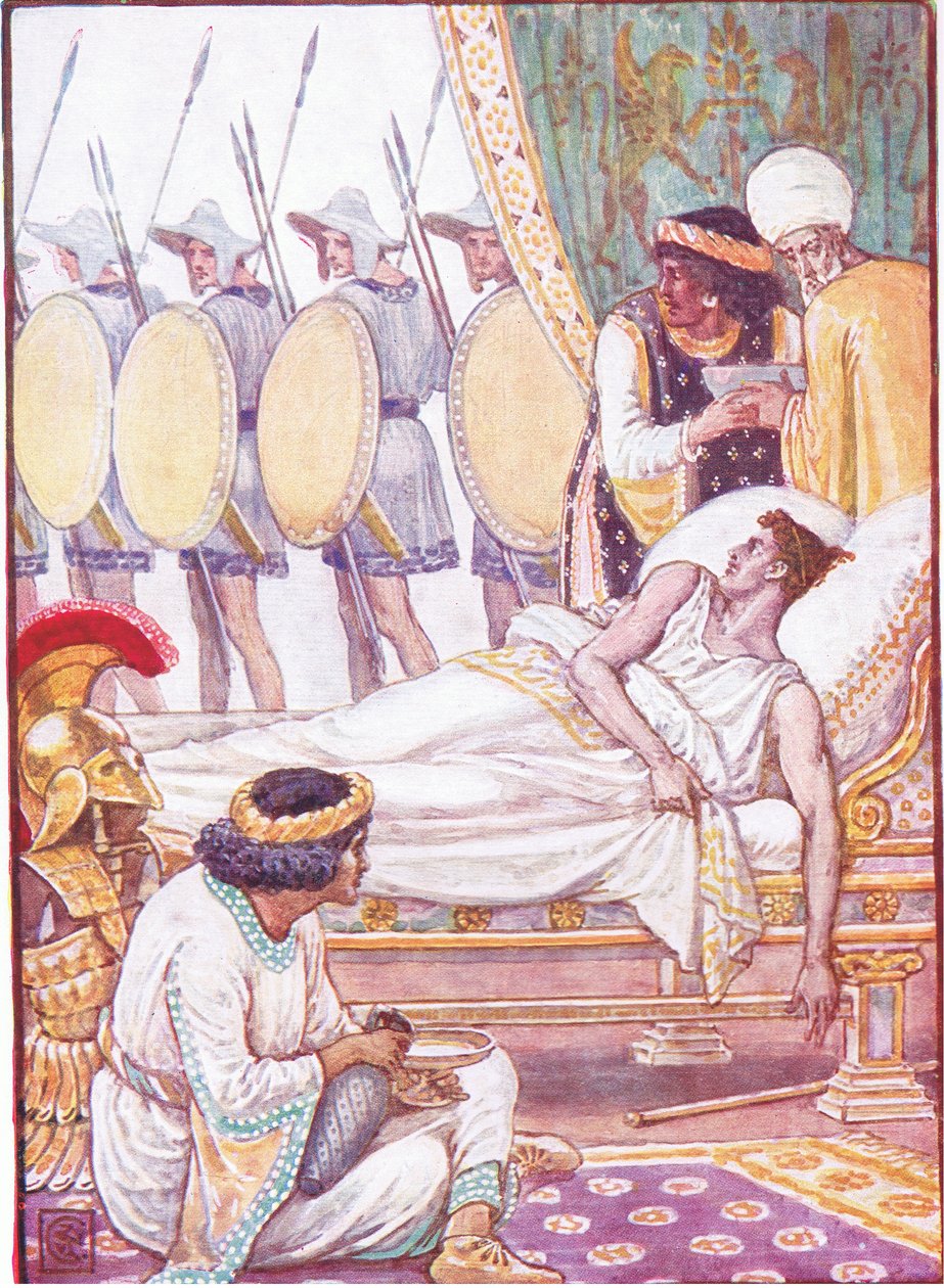 S námahou se na ně díval, když míjeli, ilustrace z Příběhu Řecka, 30. léta od Walter Crane