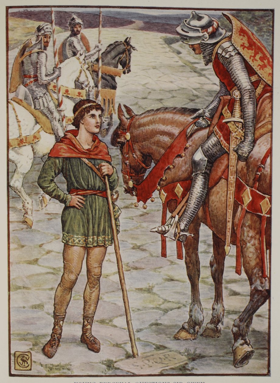 Mladý Percival se ptá sira Owena, z „Příběhů rytířů kulatého stolu“ od Henryho Gilberta, první vydání, 1911 od Walter Crane