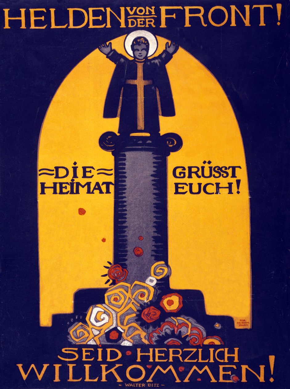Německý plakát z první světové války Hrdinové z fronty, Vlast vás zdraví! Vítaná hospoda. 1915 (barevná litografie) od Walter Ditz