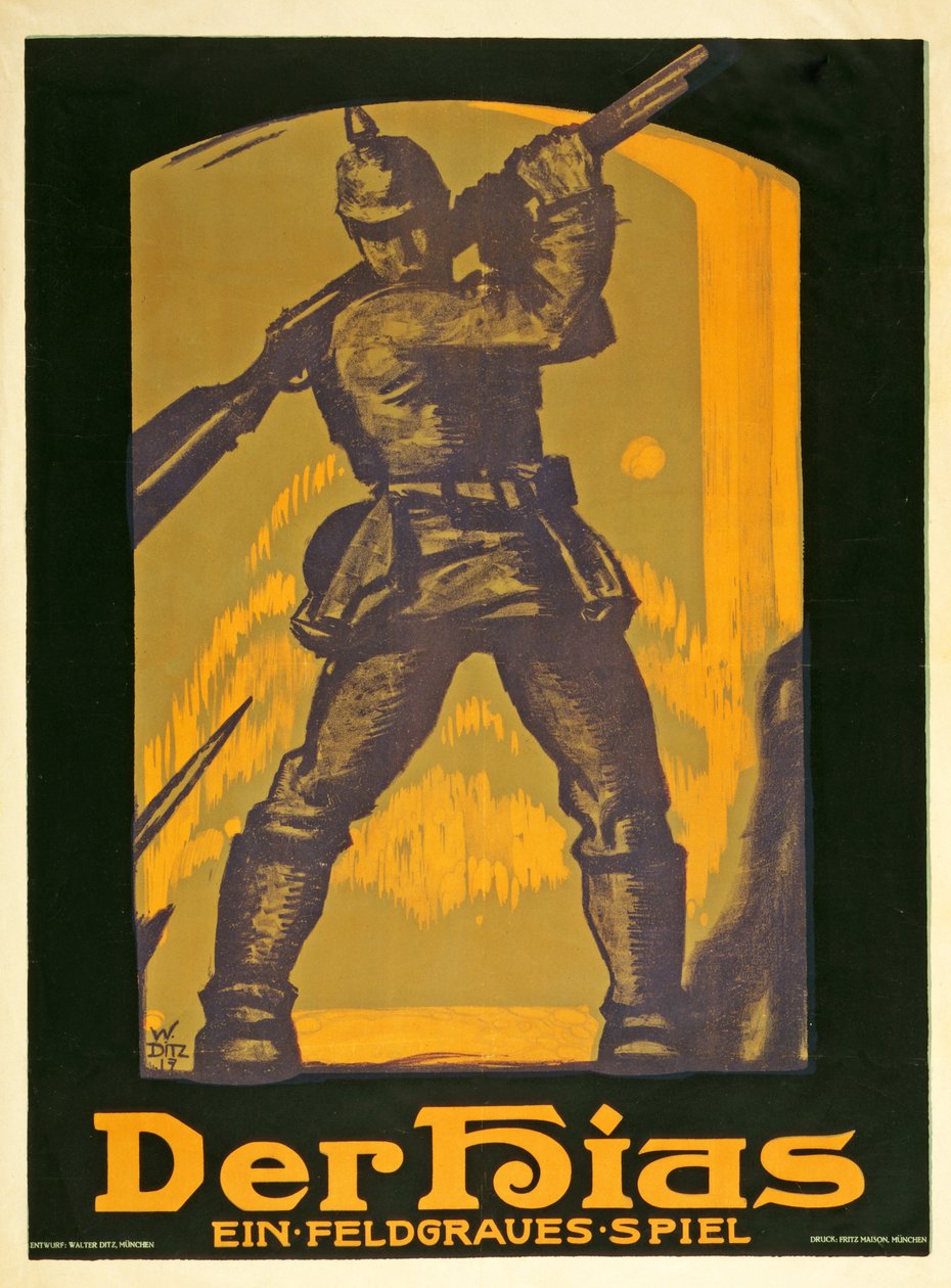 Plakát propagující hru The Hias, hra v šedé barvě od Heinricha Gilardoneho, vydaná v roce 1917 od Walter Ditz