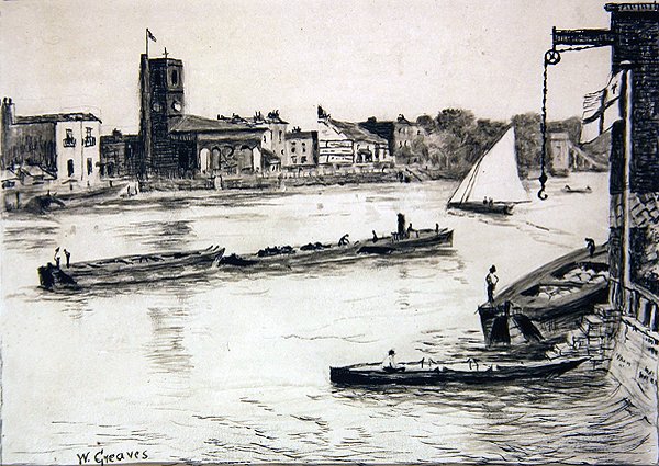 Starý kostel Chelsea z Battersea (kontura a wash na papíře) od Walter Greaves