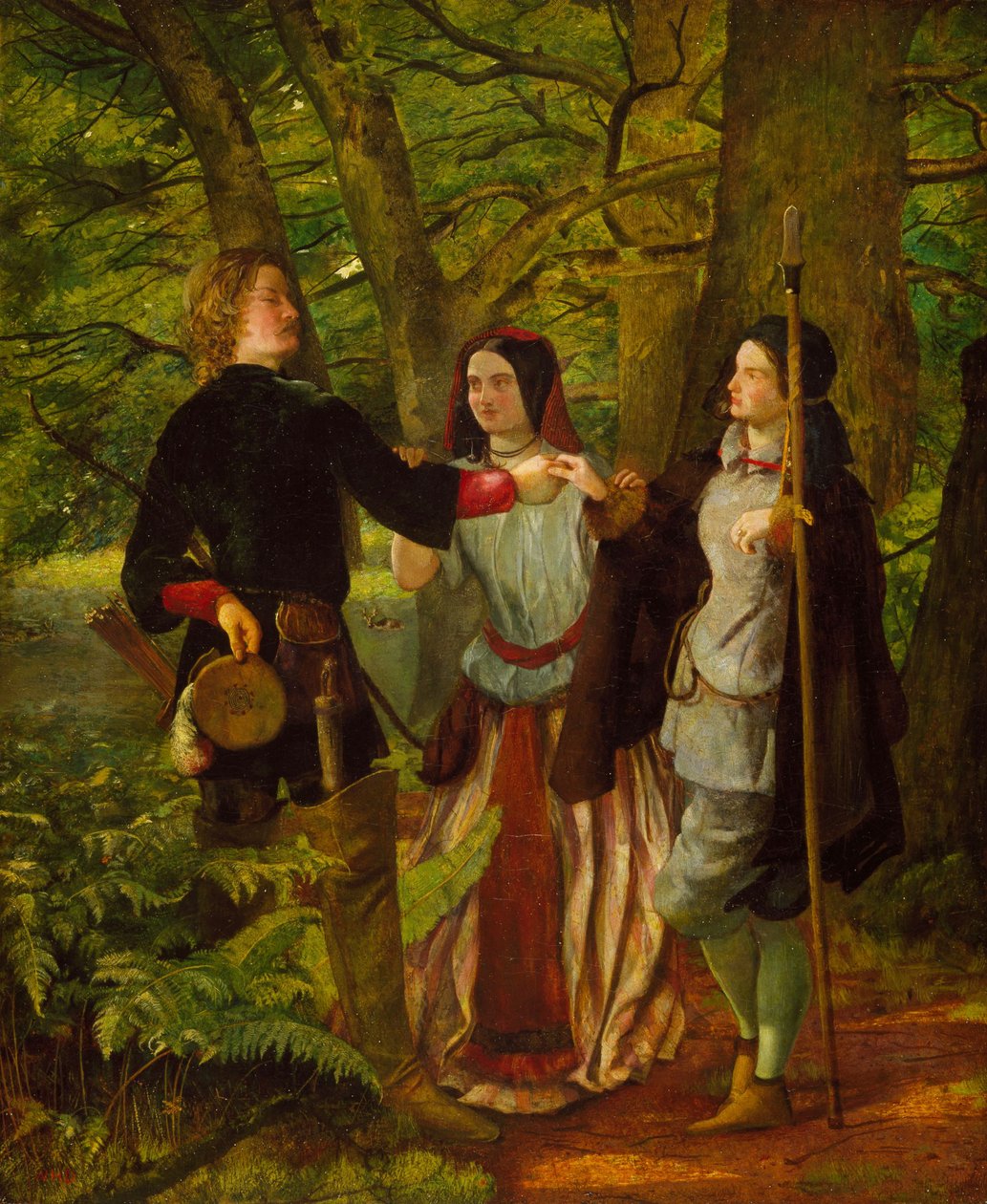 Jak se vám líbí – dějství IV, scéna I – Rosalind doučování Orlanda v obřadu manželství aneb Falešný sňatek Orlanda a Rosalind, 1850 od Walter Howell Deverell