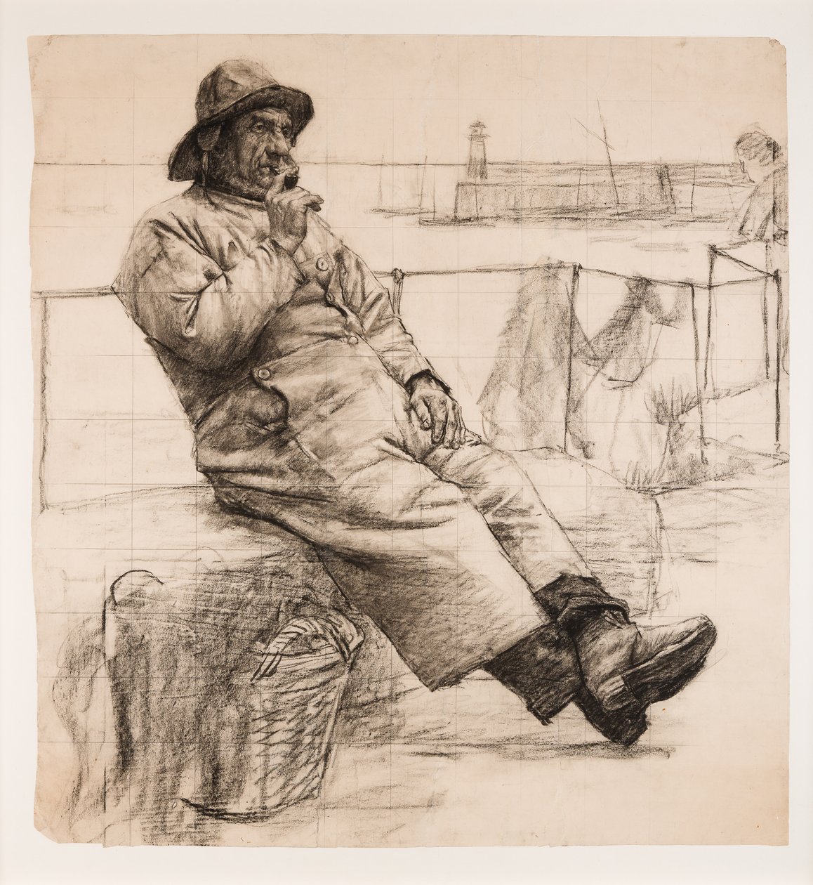Rybář kouří dýmku (uhlí na papíře) od Walter Langley