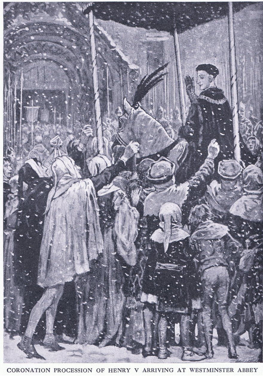 Korunovační průvod Jindřicha V. přijíždějícího do Westminsterského opatství 1413, z Cassells History of the British People vydané společností Waverley Book Company Limited, kolem roku 1940 od Walter Paget