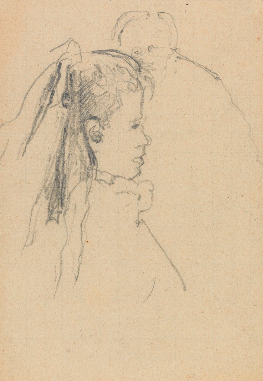 Hlava a poprsí dívky z profilu vpravo, hlava muže, celá vpředu, vzadu (grafit na papíře) od Walter Richard Sickert