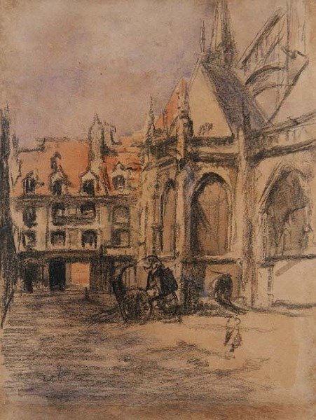 Rue Sainte Catherine a staré arkády, Dieppe, kolem roku 1900 (uhl a akvarel) od Walter Richard Sickert