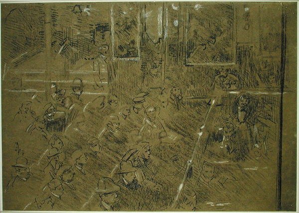 Studie pro publikum k filmu „The Old Middlesex“ kolem roku 1906-07 (hnědá a bílá pastelka, pero a černý inkoust na hnědém papíře) od Walter Richard Sickert
