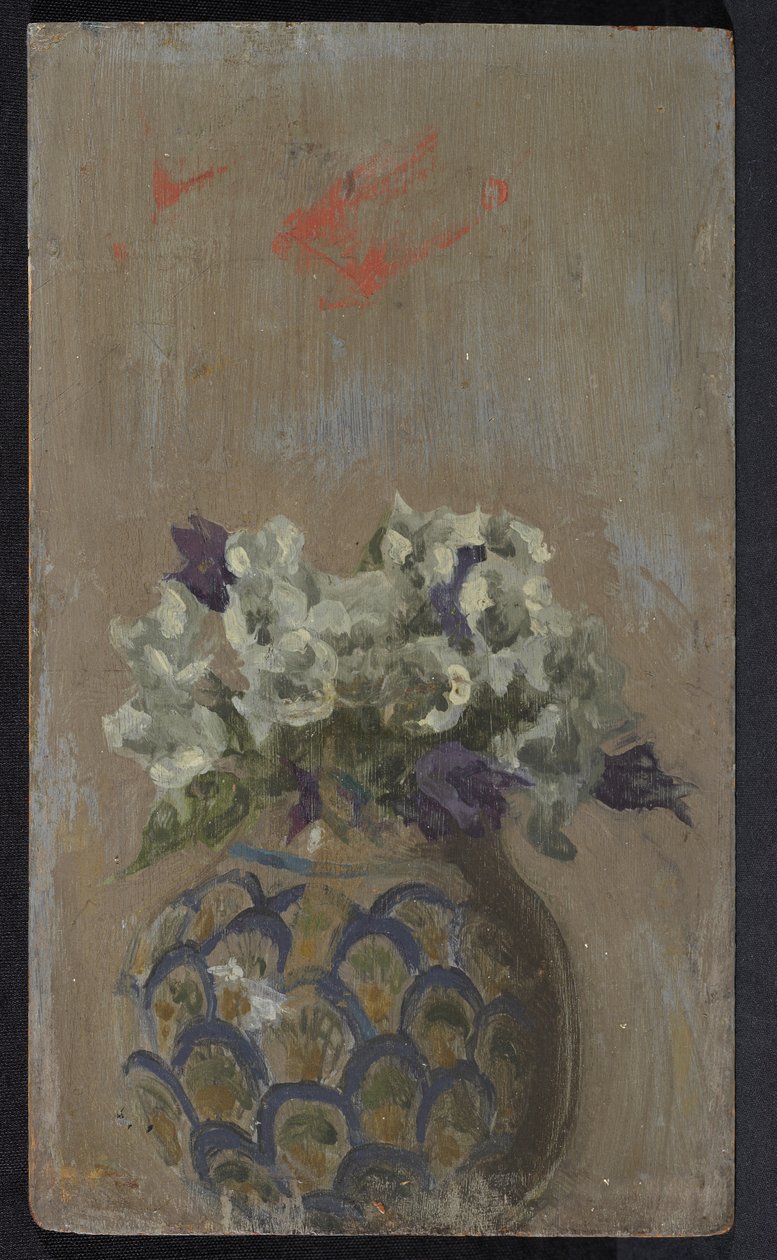 Sladké fialky – bílé a modré biolety ve vzorované misce, cca 1884 (olej na panelu) od Walter Richard Sickert