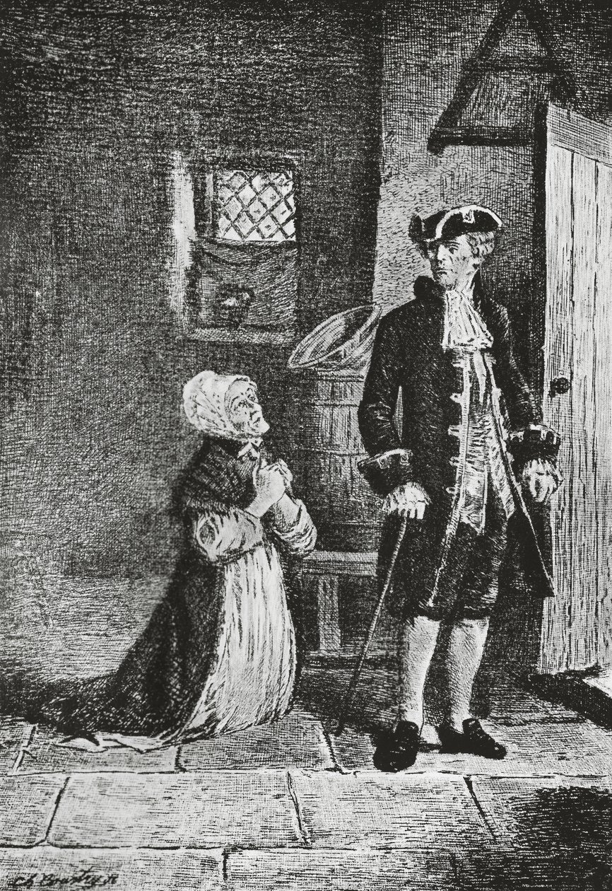 Elspeth ja Lord Glenallan, kuvitus antikvariaatille, Walter Scottin (1771-1832) historiallinen romaani, kaiverrus od Walter Scott