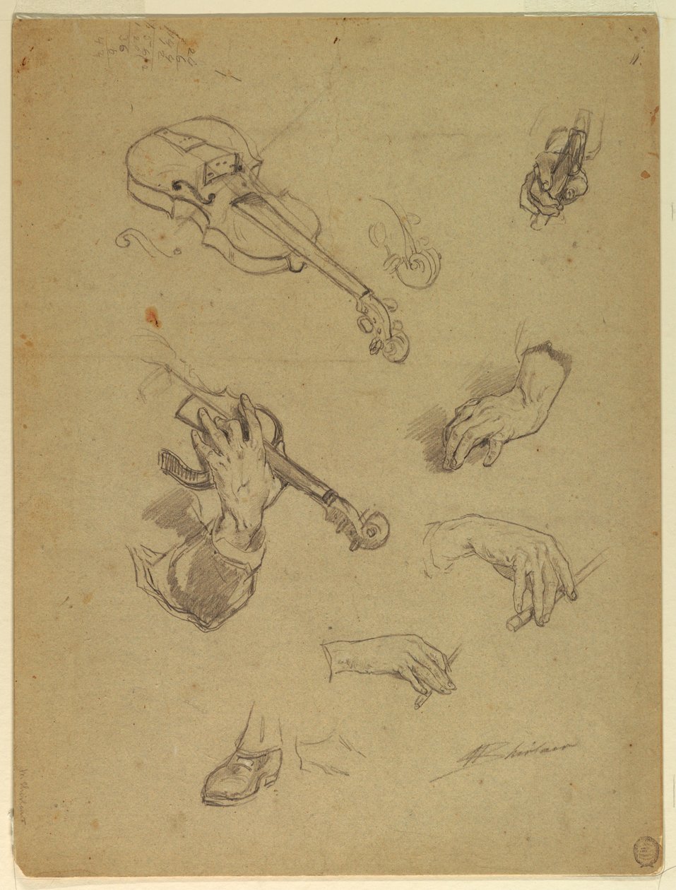 Kresba, list studie rukou houslisty, 1878 od Walter Shirlaw