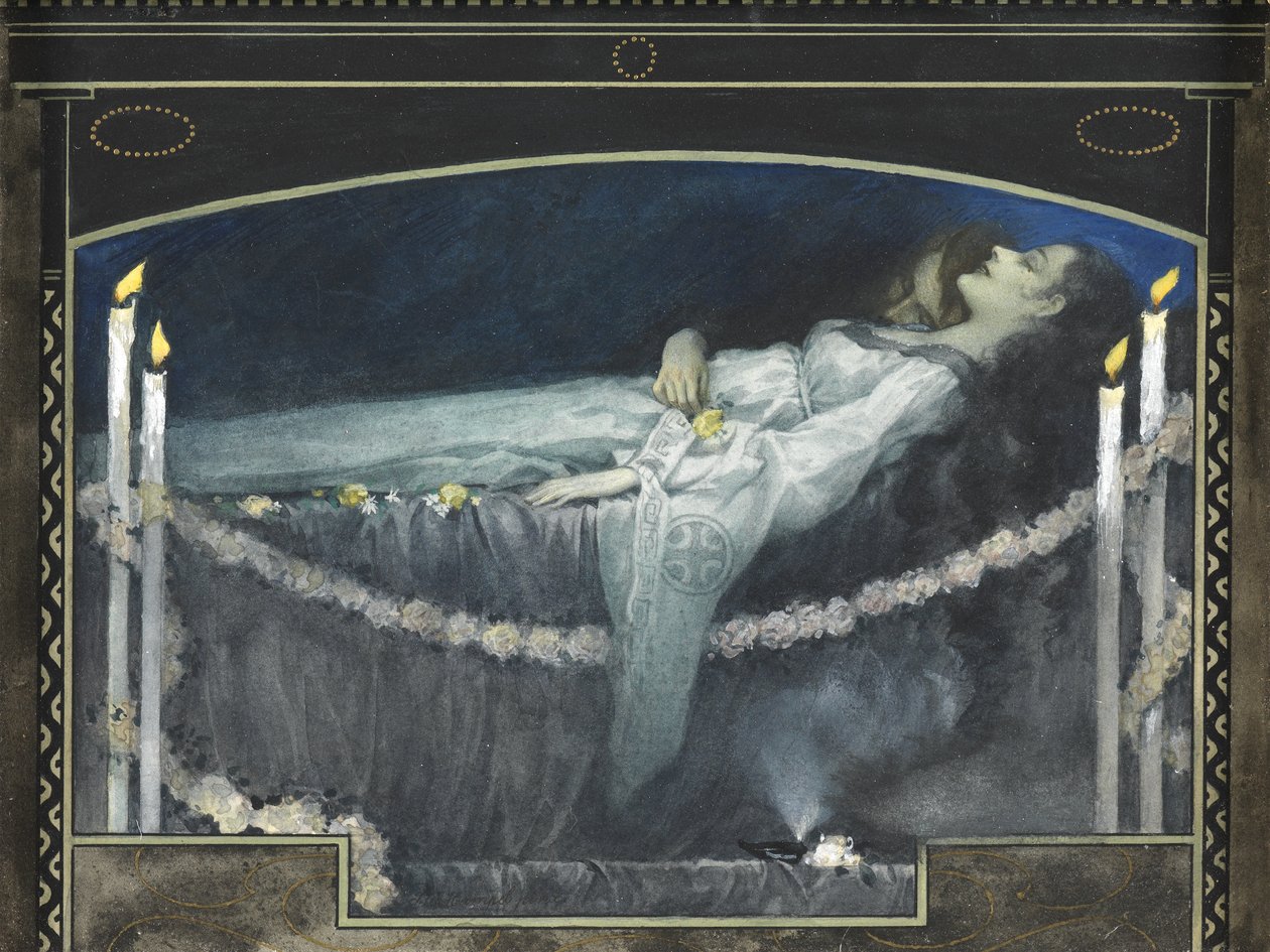 Romeo a Julie (akvarel s barvou těla a zlatem na papíře) od Walter Sigmund Hampel