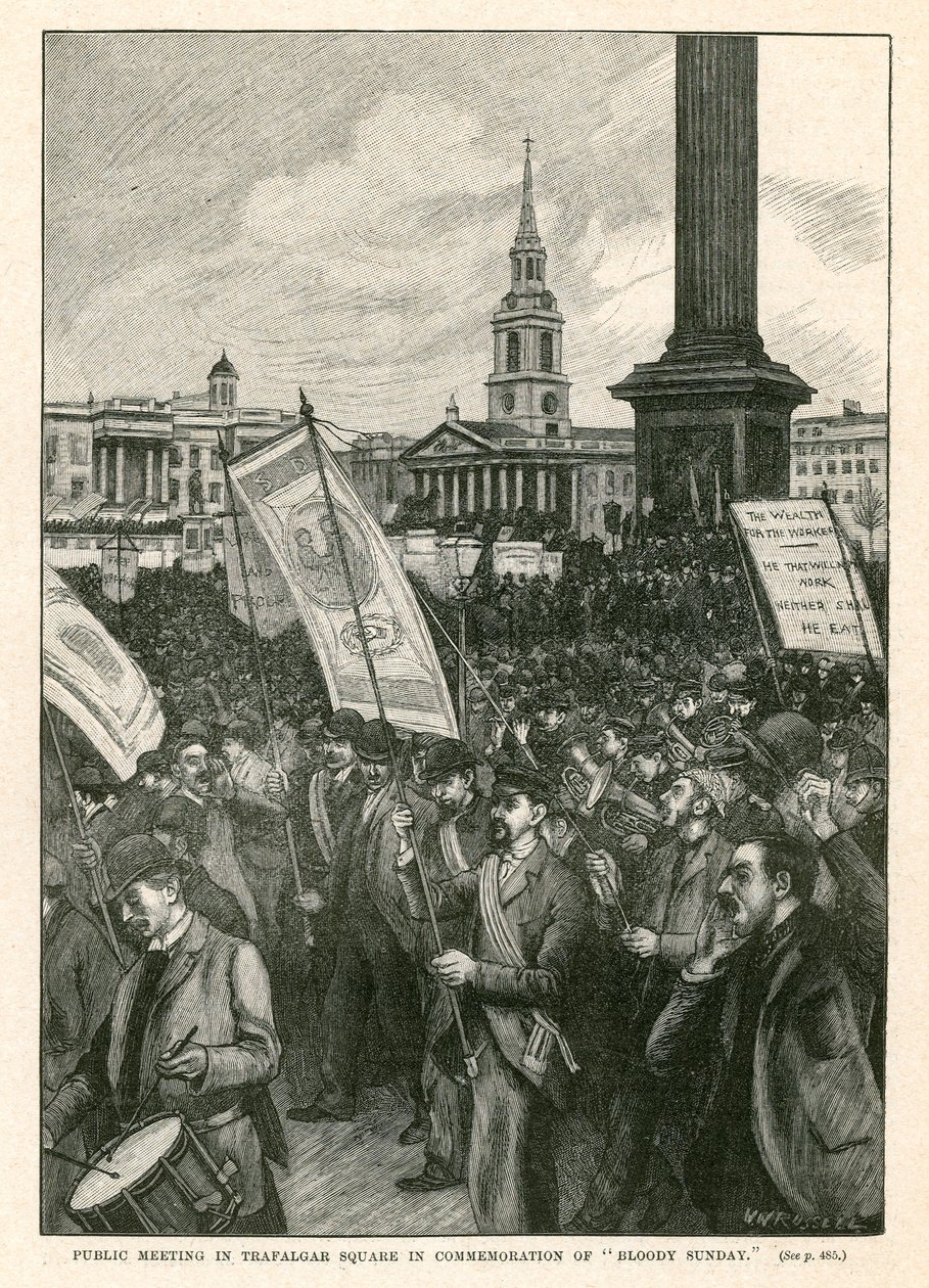 Veřejné shromáždění na Trafalgarském náměstí na památku Krvavé neděle (rytina) od Walter Westley Russell