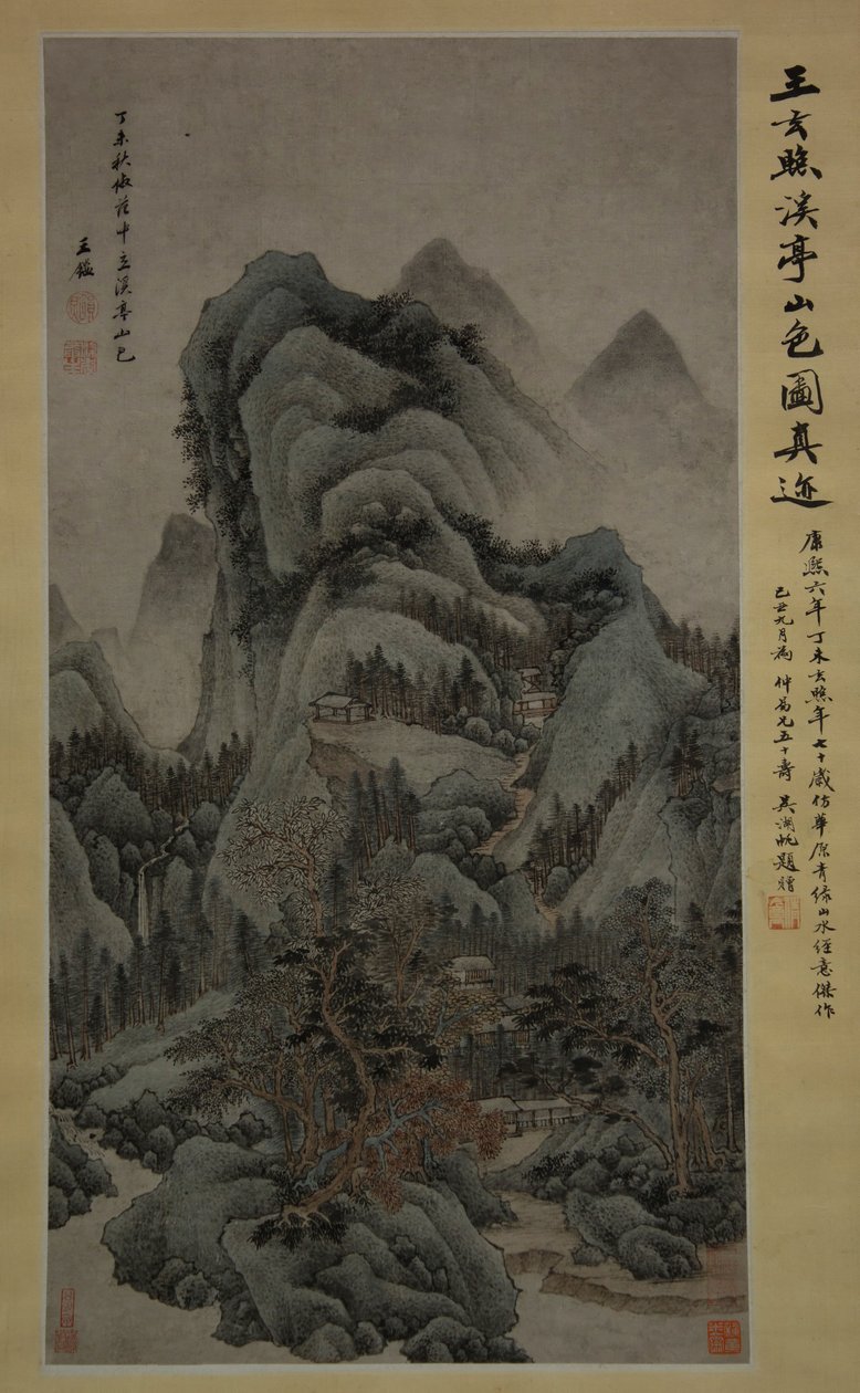Horská scenérie s potoky a pavilony ve stylu Fan Kuan, 1667. od Wang Jian