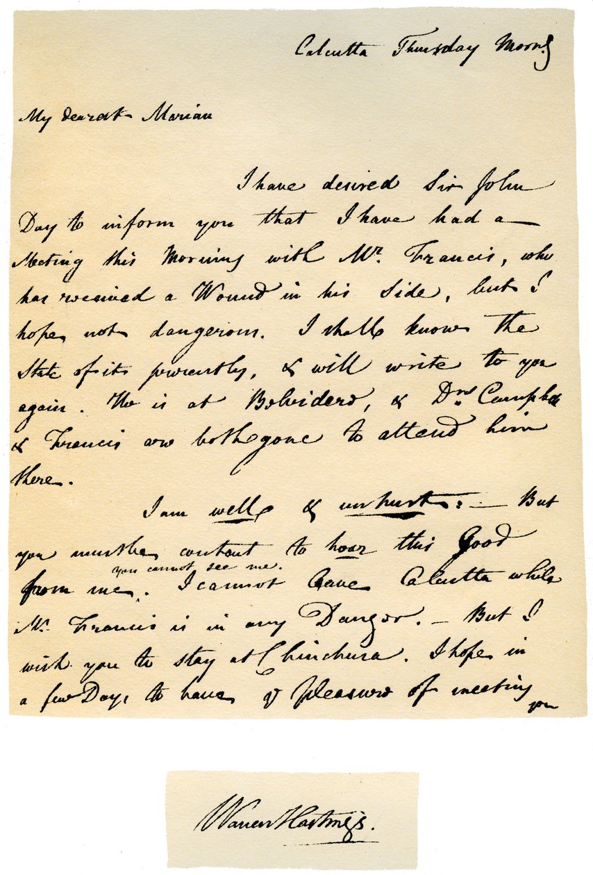 Dopis od Warrena Hastingse, generálního guvernéra Bengálska jeho manželce, 17. srpna 1780. od Warren Hastings