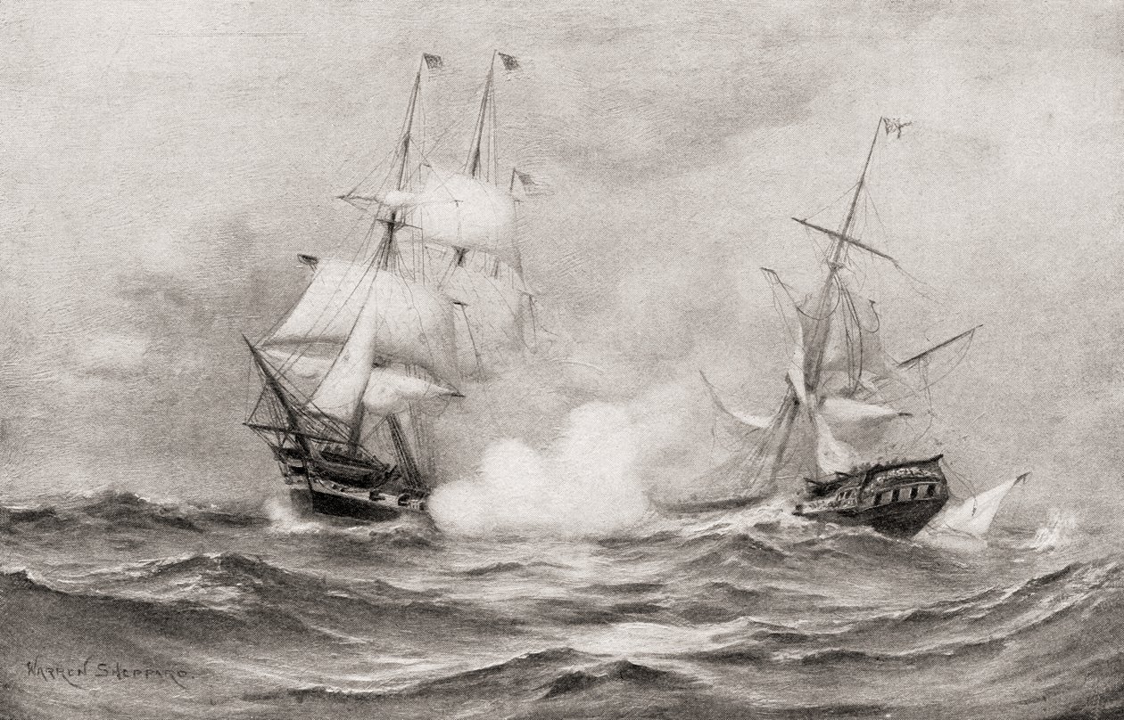 Boj mezi USS Constitution a HMS Guerriere, během války v roce 1812, přibližně 400 mil jihovýchodně od Halifaxu, Nova Scotia, z Historie naší země, publikovaná v roce 1905 od Warren Sheppard