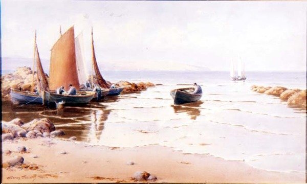 Landing the Catch (možná Cemaes Bay, Anglesey) (akvarel na papíře) od Warren Williams