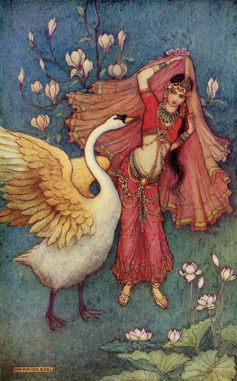 Damayanti a labuť, ilustrace z „Indického mýtu a legendy“ od Donalda A. Mackenzieho, vydané v roce 1913 od Warwick Goble