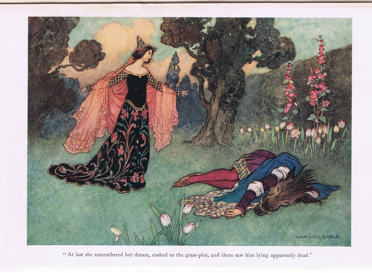 Konečně si vzpomněla na svůj sen, spěchala na travnatý pozemek a tam ho spatřila ležet zjevně mrtvého“, ilustrace z „Hutchinsonových dějin národů“, kolem roku 1910 od Warwick Goble