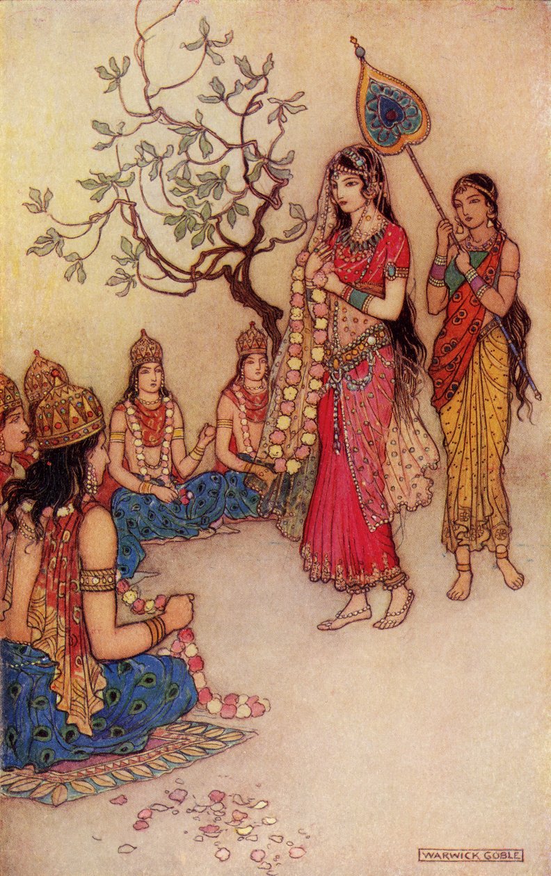 Damatanti Choosing a Husband, ilustrace z „Indického mýtu a legendy“ od Donalda A. Mackenzieho, vydané v roce 1913 od Warwick Goble