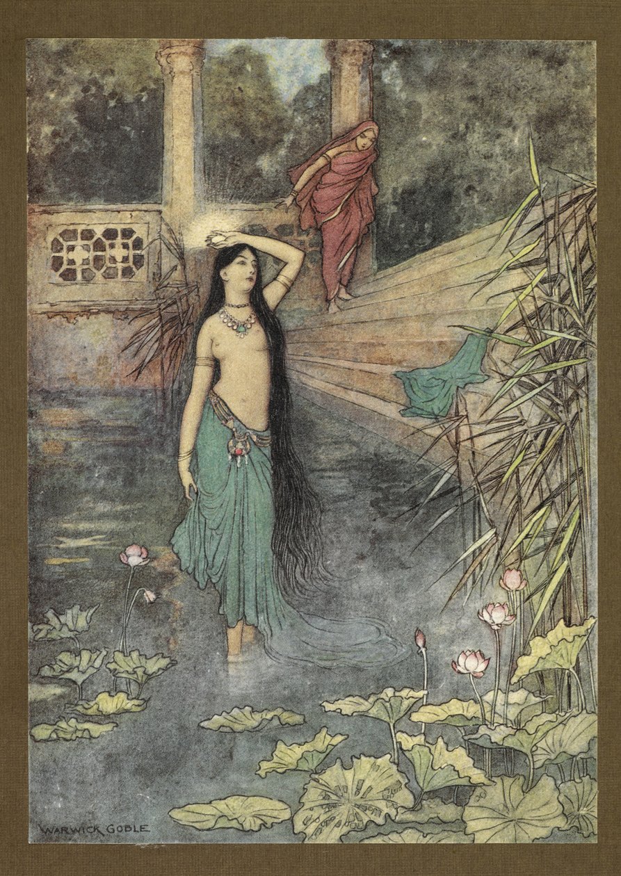 Frontispis: "Vyběhla z paláce... a přišla do horního světa." z Folk-Tales of Bengal... S 32 barevnými ilustracemi od Warwicka Goblea (Edice de luxe.) od Warwick Goble