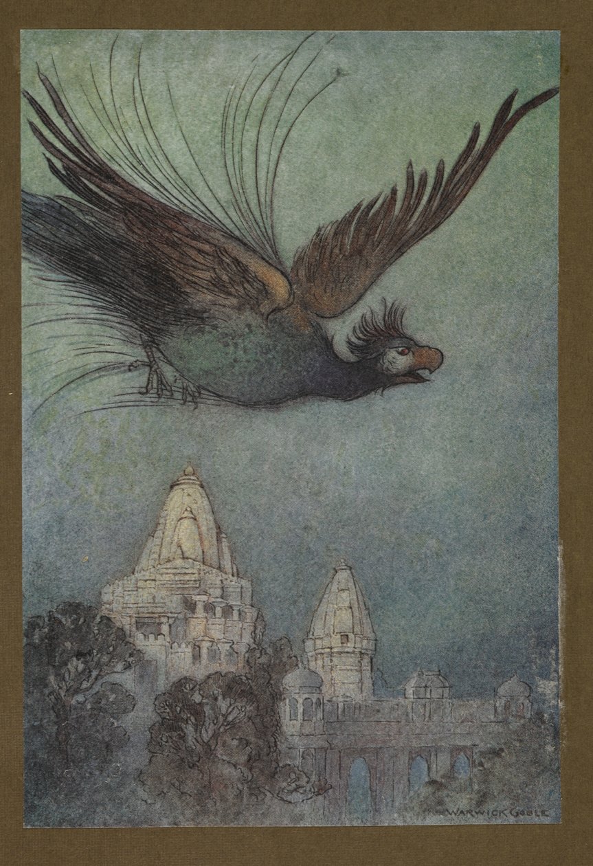 Deska 10: "Obludný pták zjevně vychází z paláce", z Lidových příběhů Bengálska ... S 32 barevnými ilustracemi od Warwicka Goblea (Edice de luxe.) 1914 (barevné litho) od Warwick Goble