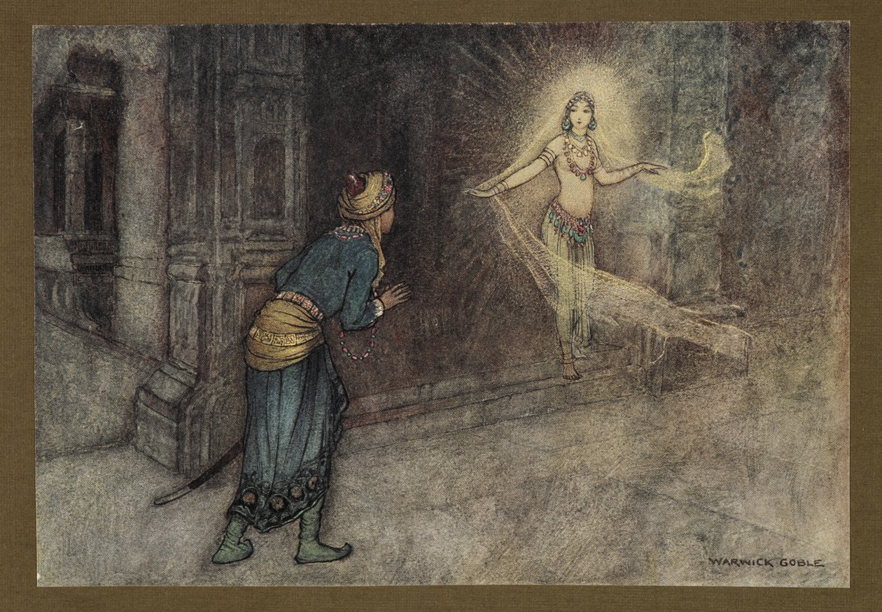 Deska 13: "Viděl krásnou ženu vycházet z paláce", z Lidových příběhů Bengálska ... S 32 barevnými ilustracemi od Warwicka Goblea (Edice de luxe.) 1914 (barevná litho) od Warwick Goble
