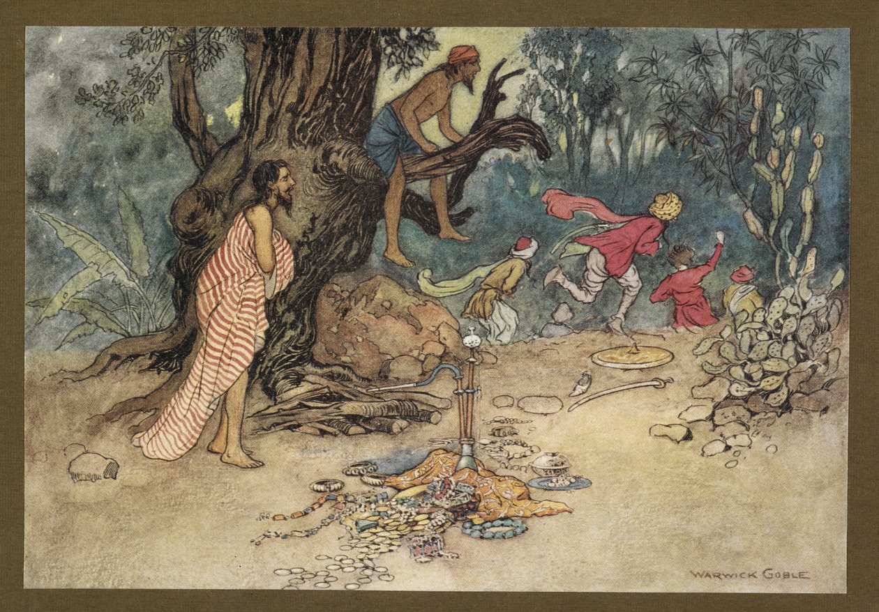 Deska 15: „Utekli ve velkém strachu a zanechali peníze a šperky z „Folk-Tales of Bengal... S 32 barevnými ilustracemi od Warwicka Goblea (Edice de luxe) od Warwick Goble